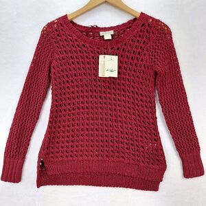 Lucky Brand Sweater Womens Size XS Red Loose Open Knit Lattice Boho Preppy NEW